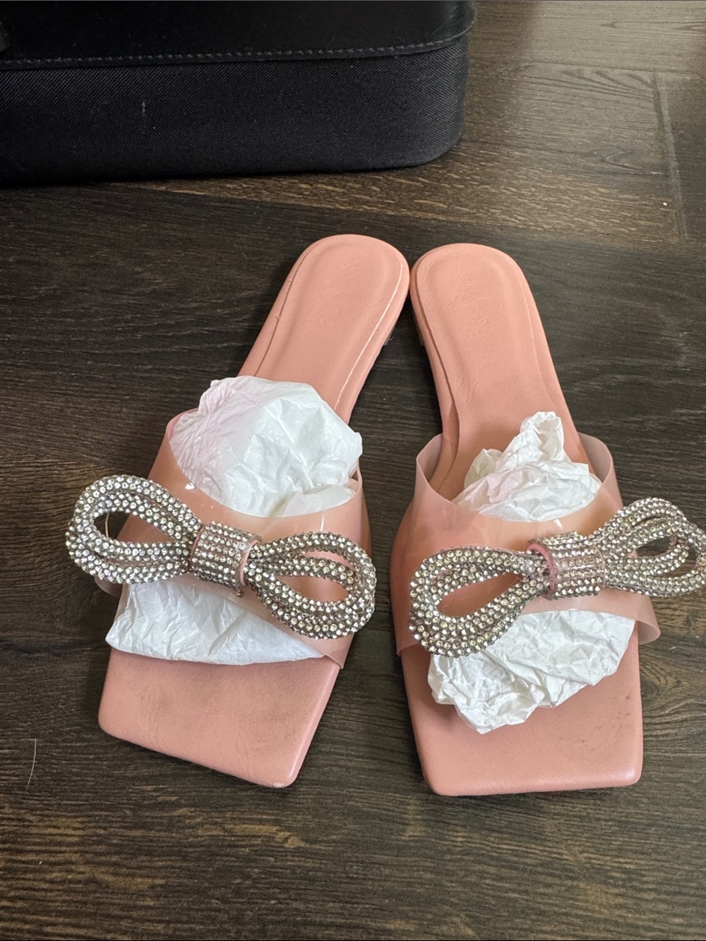 SHEIN Pink Crystal Bow Slide Mules